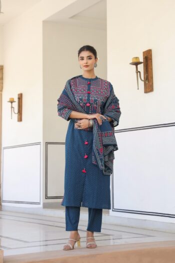 🪷The Rajwada Indigo Collection Hand-Blocked Cotton Suit with Fuchsia Tassels🌸🌿
