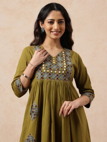 🌿 Zari Glow: Earthy Green Flared Festive kurti Suit 🌸
