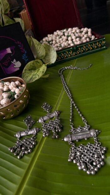 🔔 Oxidized Tribal Pendant with Ghungroos & Beaded Chain